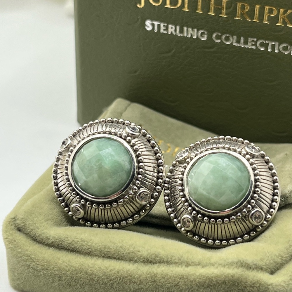 Judith Ripka Sterling Silver 925 Jade CZ Omega Back Earrings
